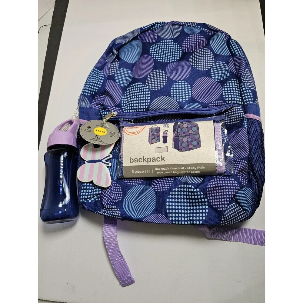 Wonder Nation Purple Polka Dot Backpack & Lunchbox 5 Piece Set With Water Bottle